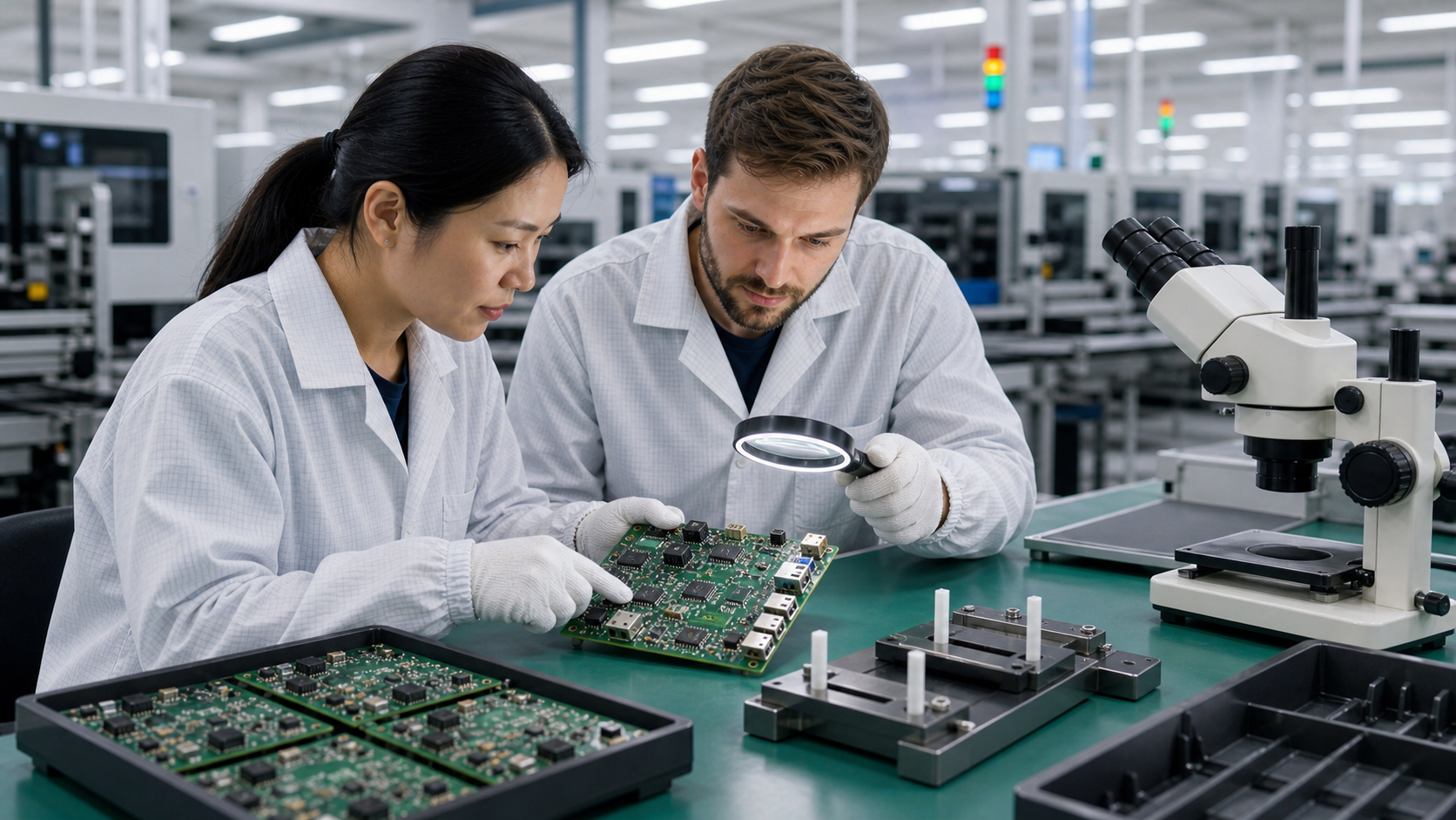 Quality engineers performing first article inspection for low-volume PCBA production