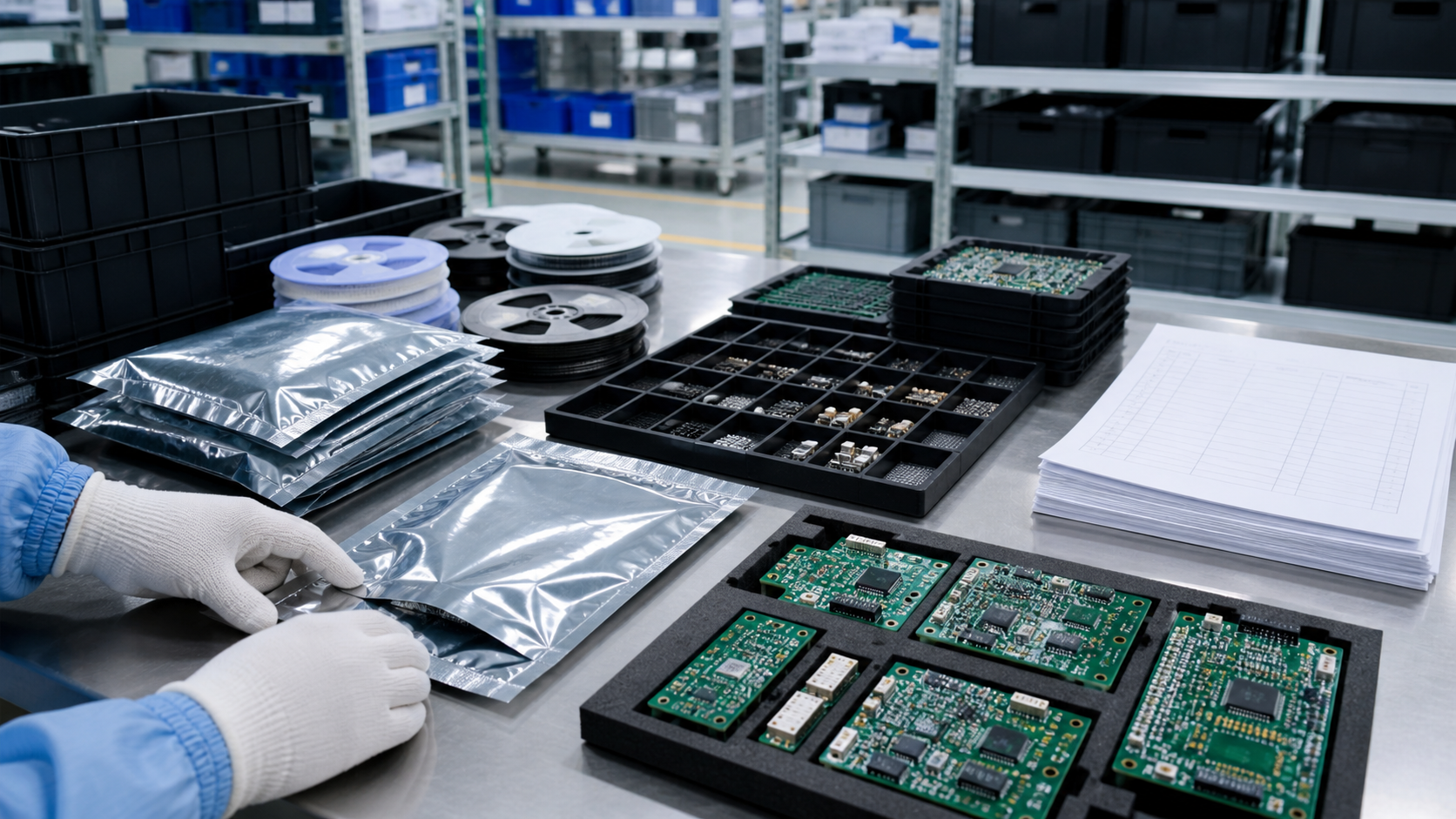 Component sourcing kitting area with reels, ESD trays and PCBA production material preparation