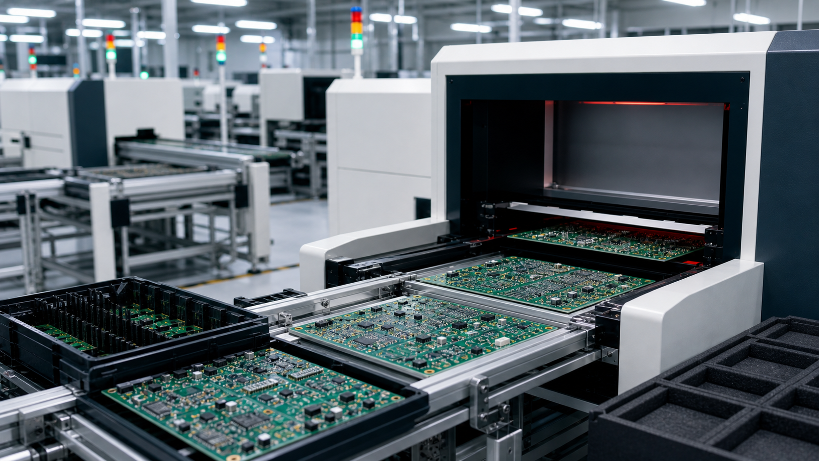 Automotive PCB assembly on a macro SMT production line with controlled process equipment