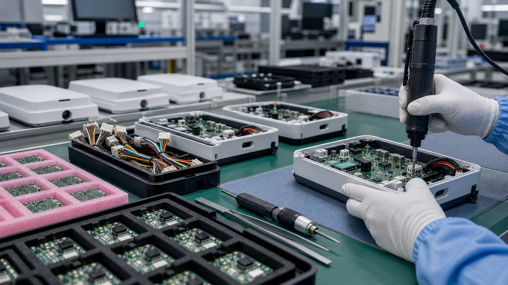 Box build and PCB assembly process station with enclosures, wiring harnesses and PCBA modules