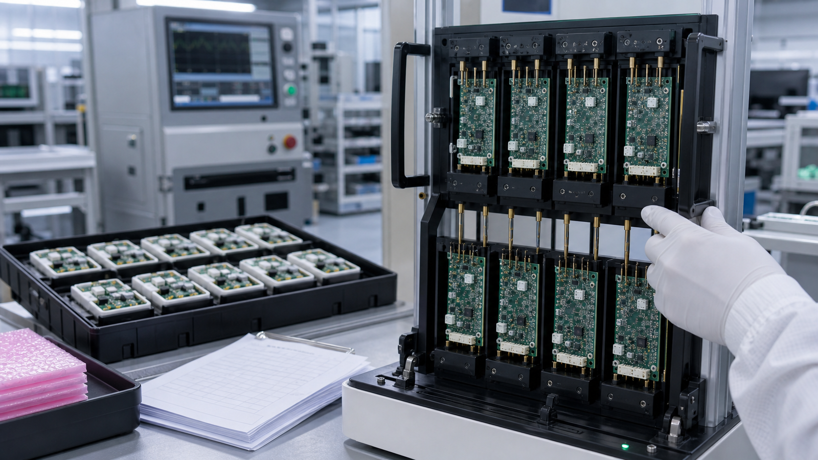 Medical PCB assembly test fixture with multiple PCBA modules prepared for functional verification