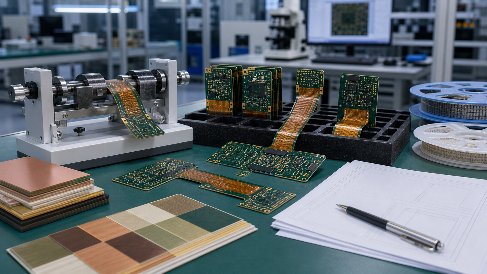 刚挠结合PCB材料评审工位,包含软硬结合板、材料样片和工程图纸