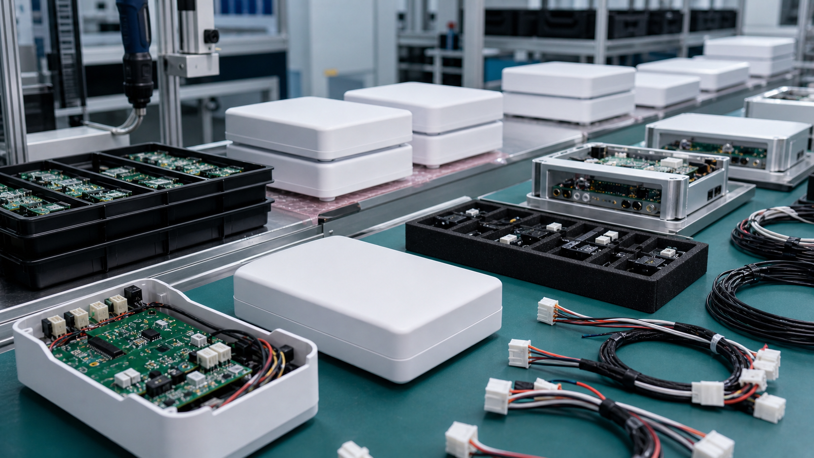 Box build system integration line with PCBA modules, clean enclosures and wiring harnesses
