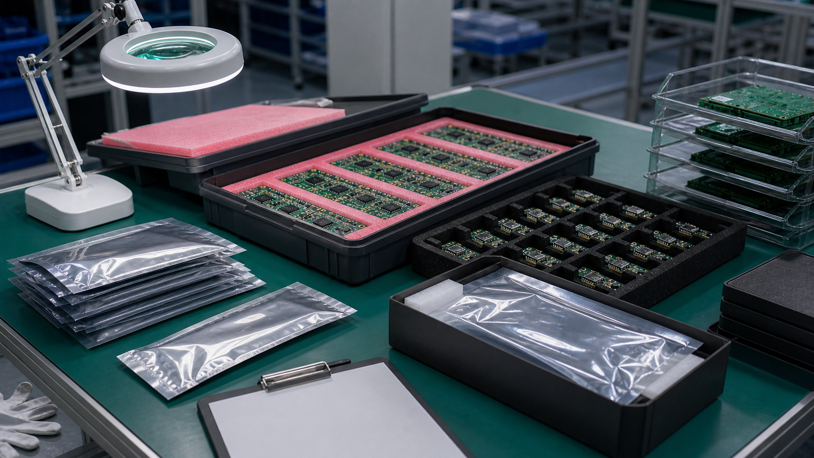 Medical PCB and PCBA packaging release area with ESD trays, blank protective pouches and clean inspection lighting