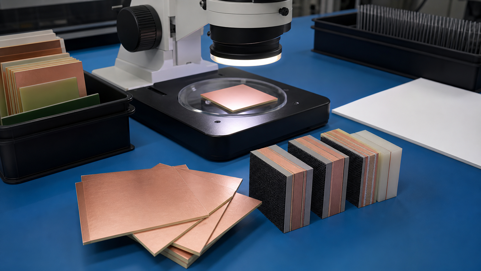 PCB laminate material coupons and cross-section samples under microscope inspection