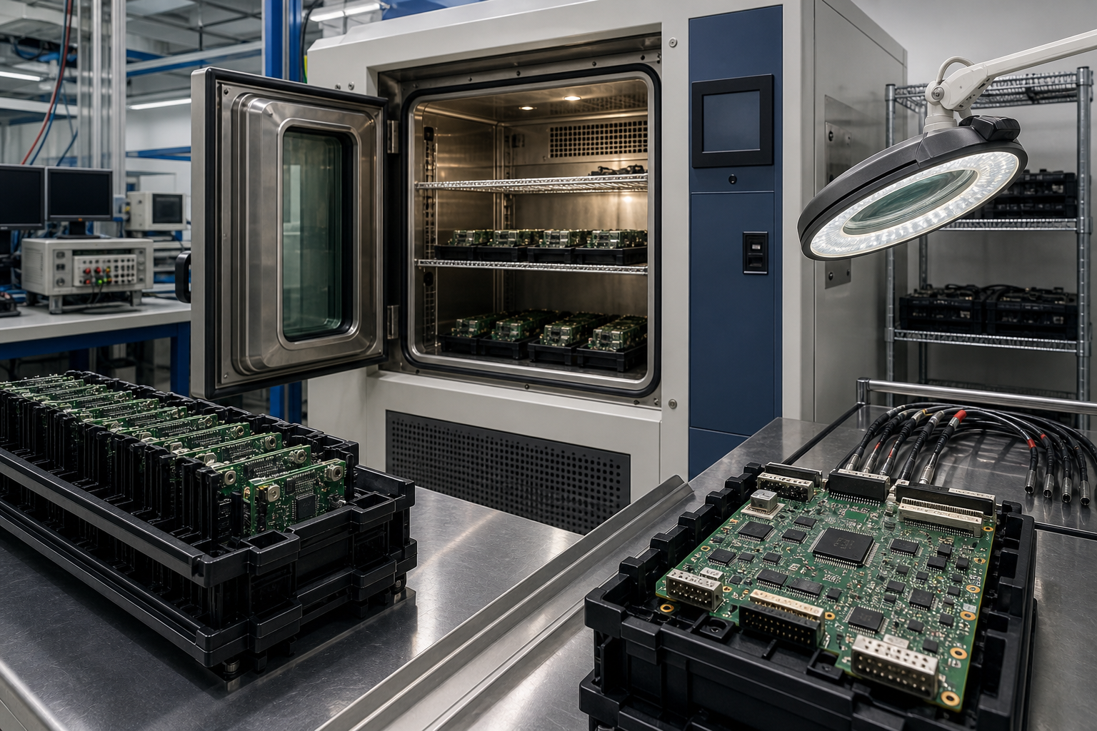 High-reliability PCBA test chamber with rugged PCB assemblies, fixture racks and inspection lighting