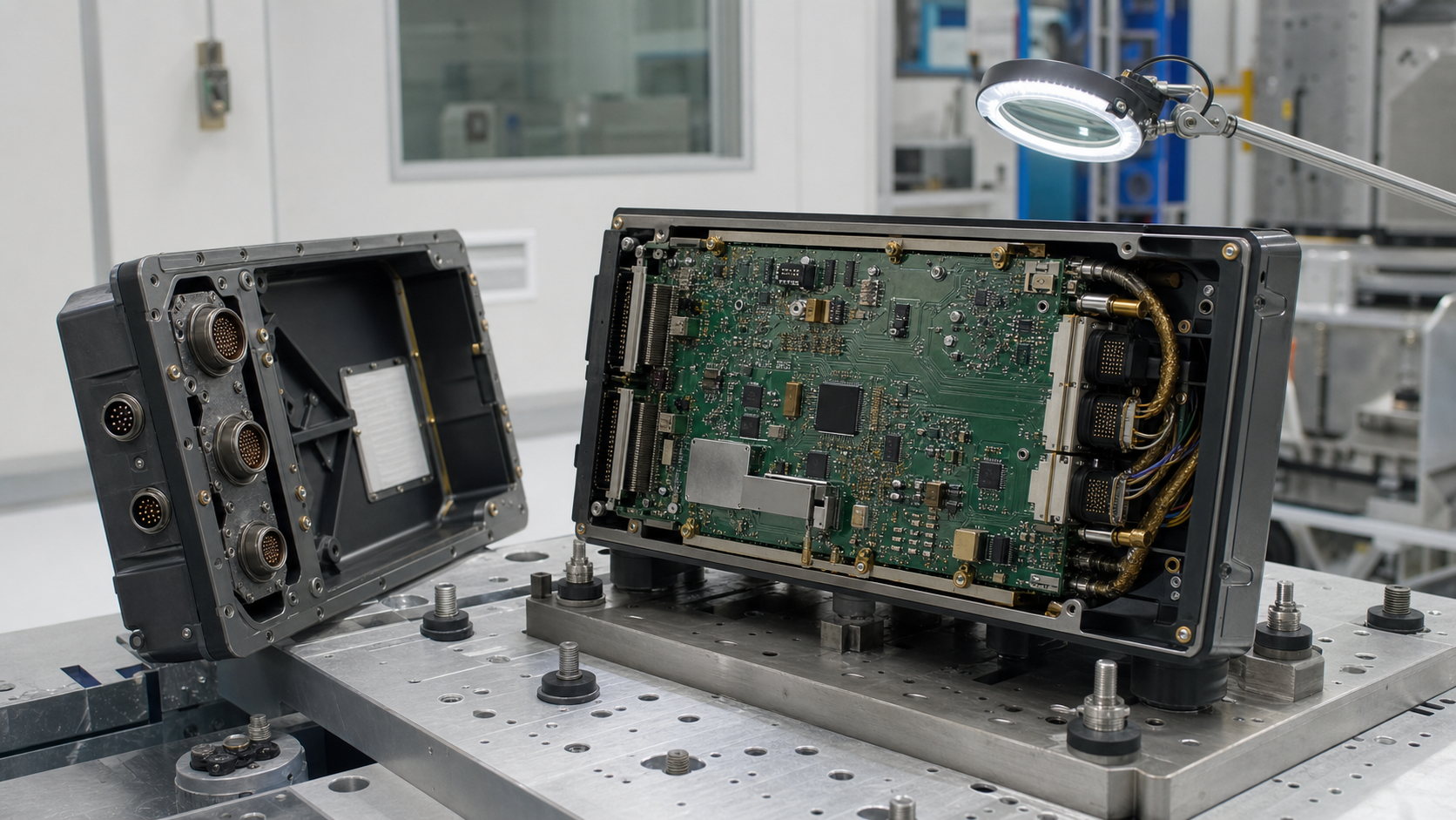 Rugged aerospace electronics assembly opened in an environmental qualification fixture