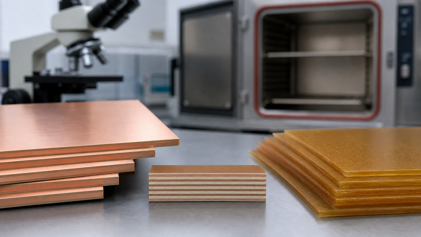 Blank copper-clad laminate and prepreg samples in a PCB materials laboratory