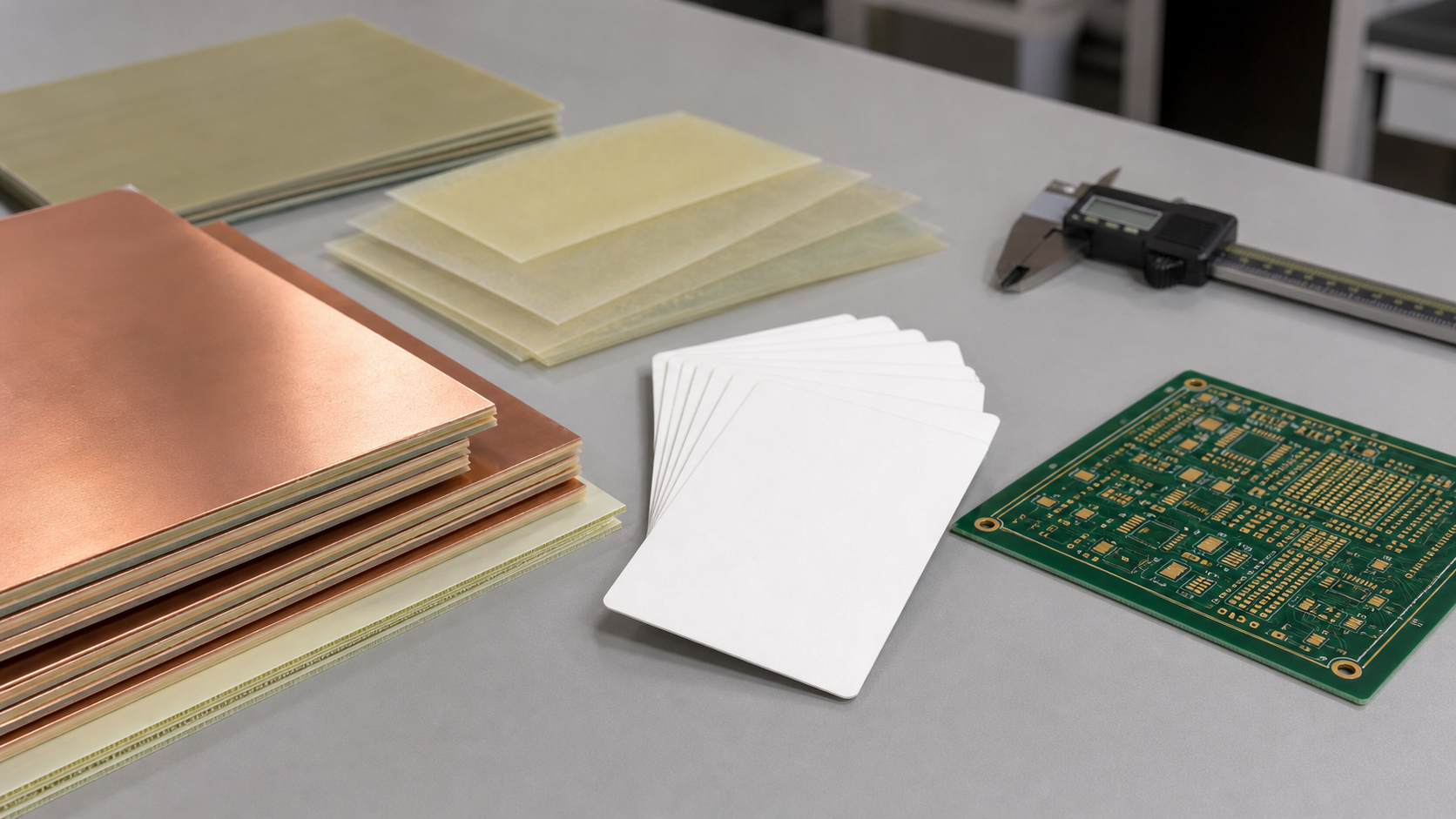 Engineering stack-up review with copper-clad laminate coupons and unmarked PCBA sample