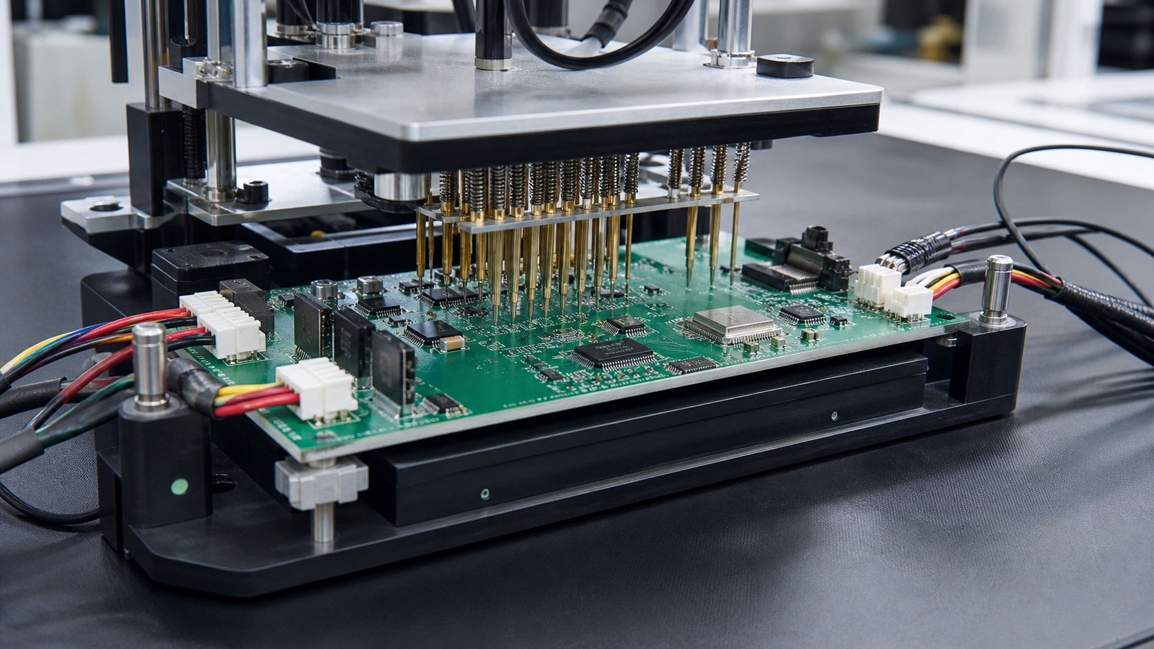Medical electronics PCBA test fixture with spring probes and a clean fixture bed