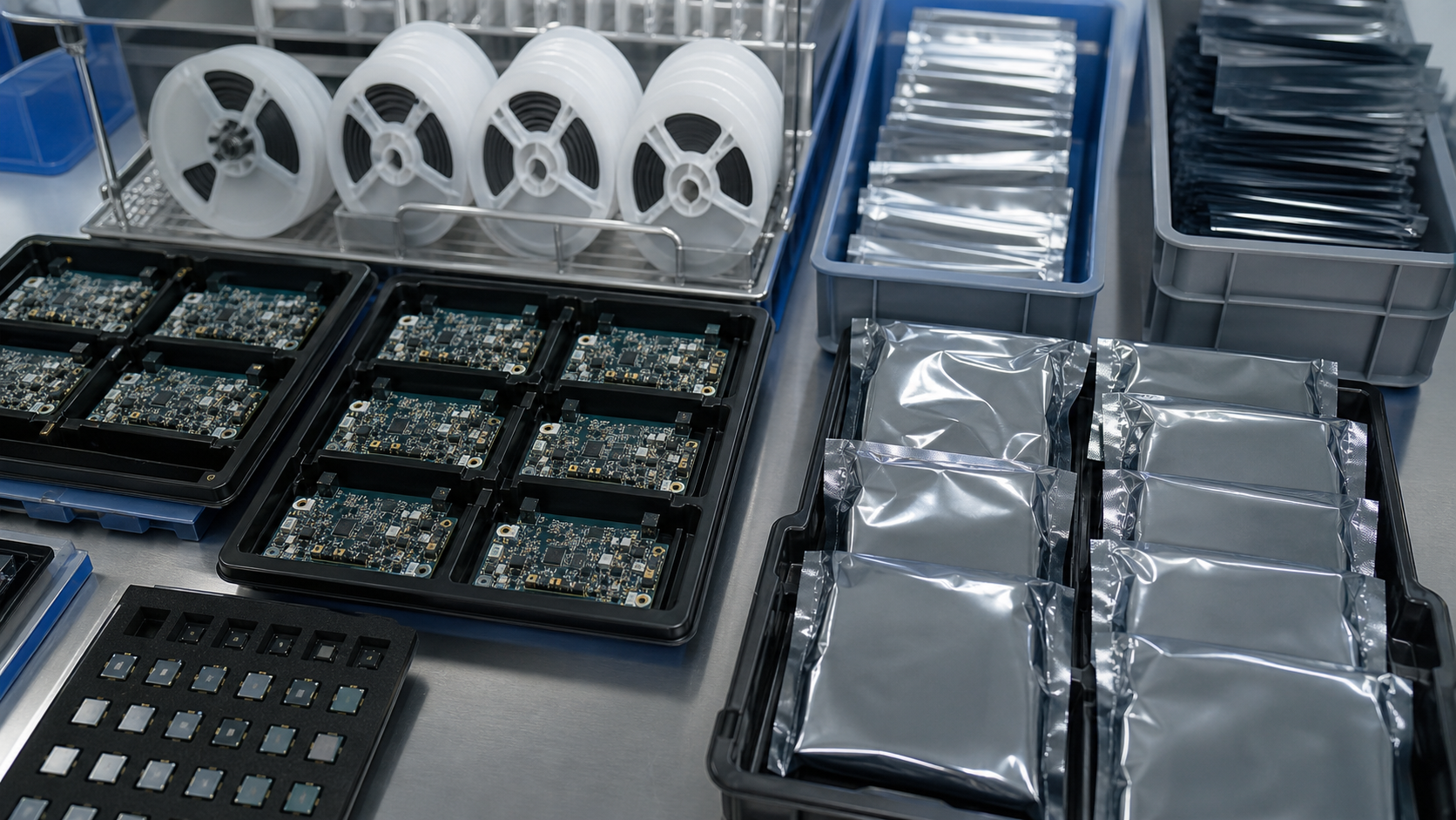 Custom medical PCBA kitting and protective packaging area with ESD trays and sealed anti-static bags