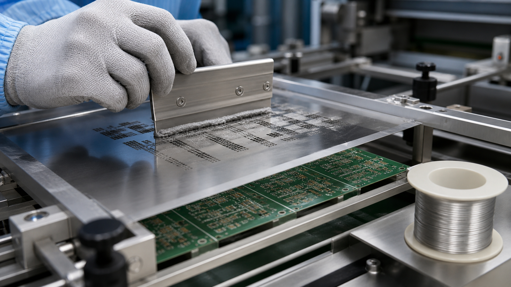 SMT solder paste printing process with stencil squeegee panelized PCB array and solder wire spool