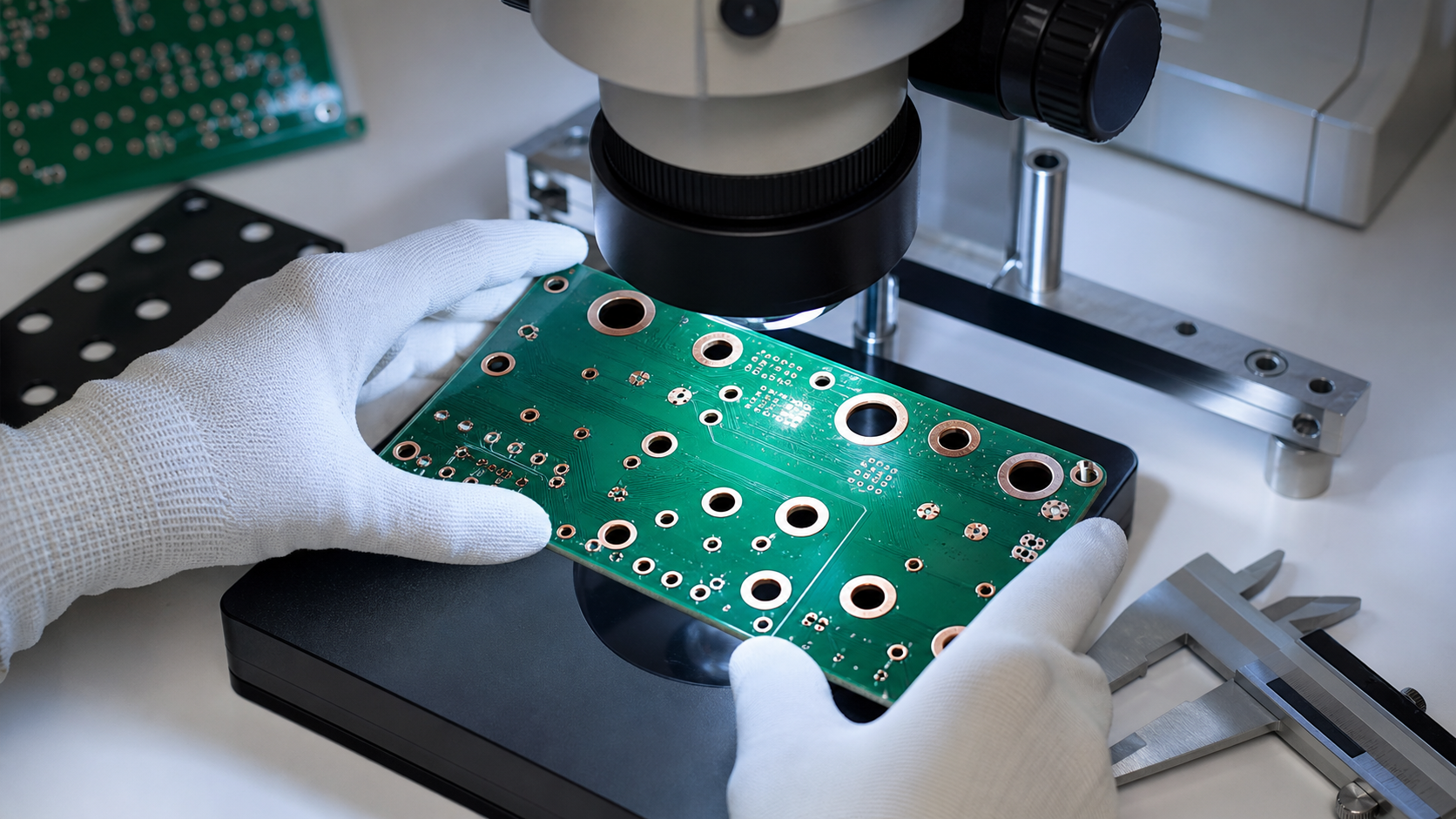 PCB annular ring quality inspection under microscope with drilled copper pads and calipers