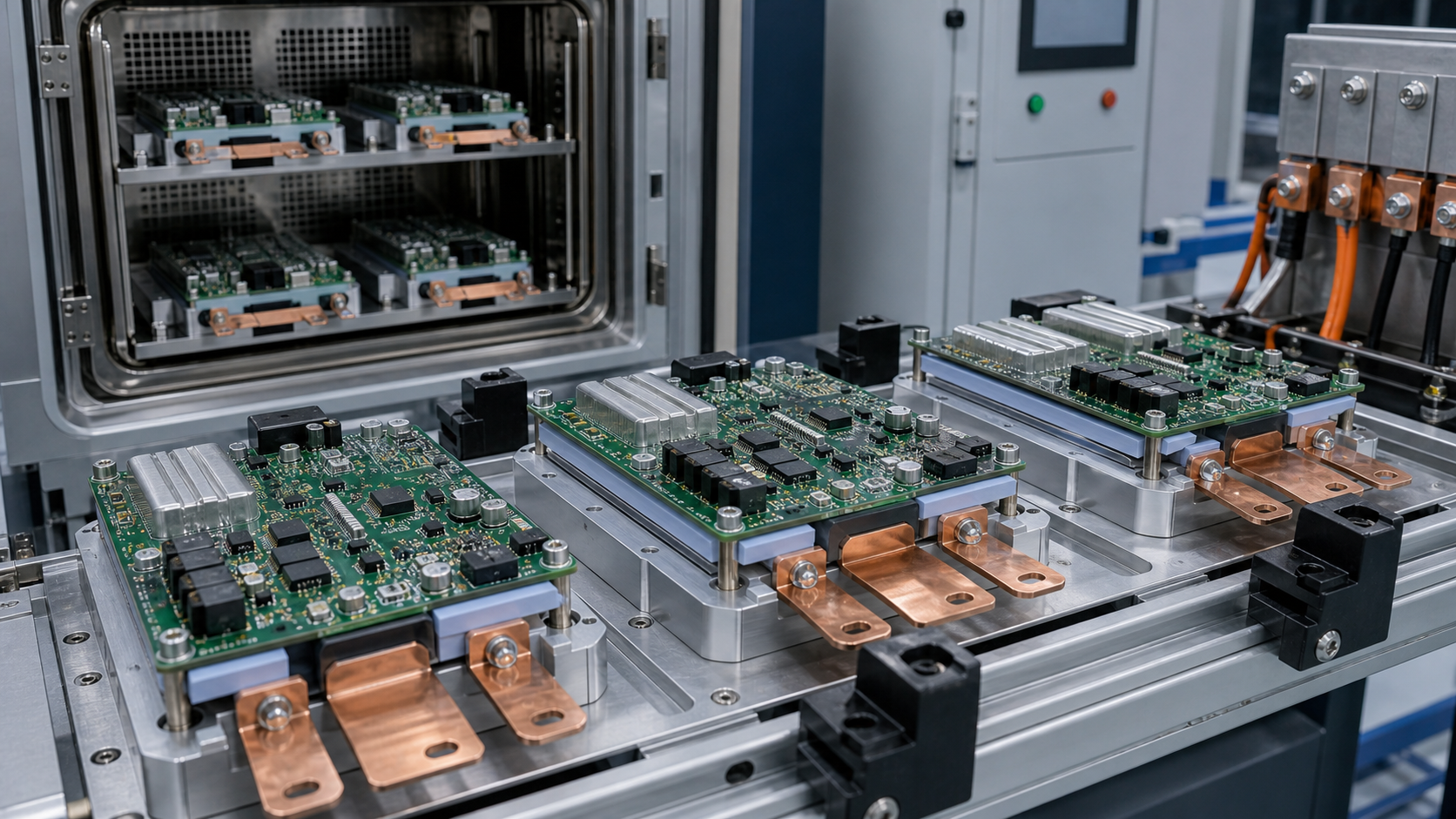 EV high temperature PCB assemblies on thermal fixtures with copper busbars and thermal cycling rack