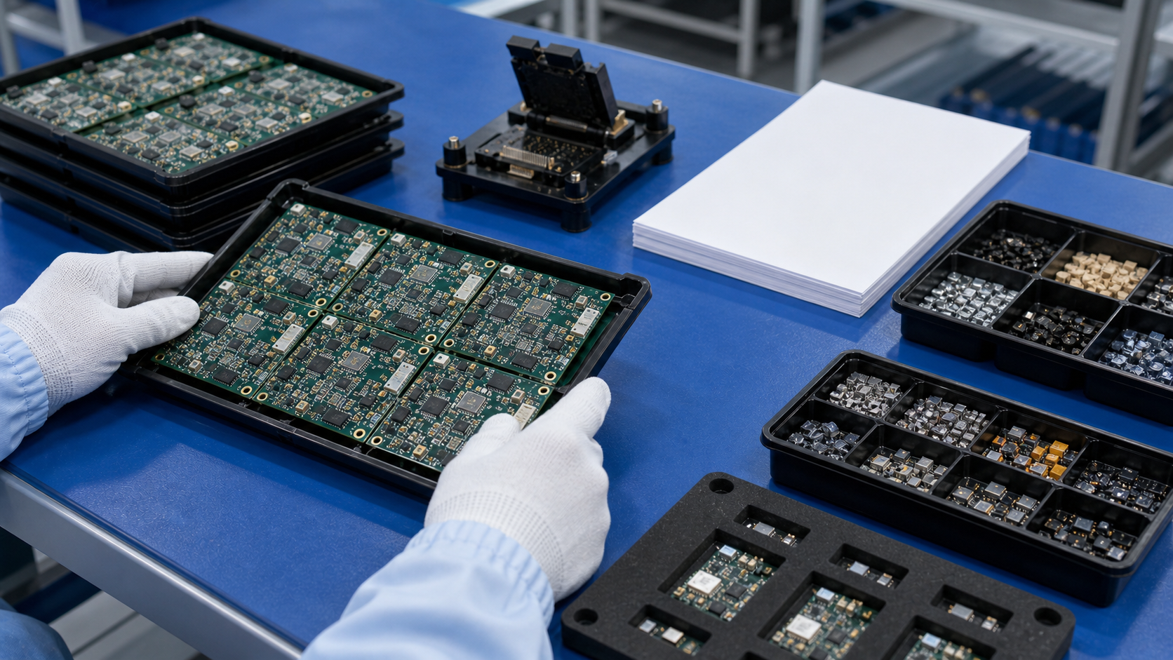 Turnkey prototype assembly handoff bench with panelized PCBAs ESD trays blank traveler stack and test fixture