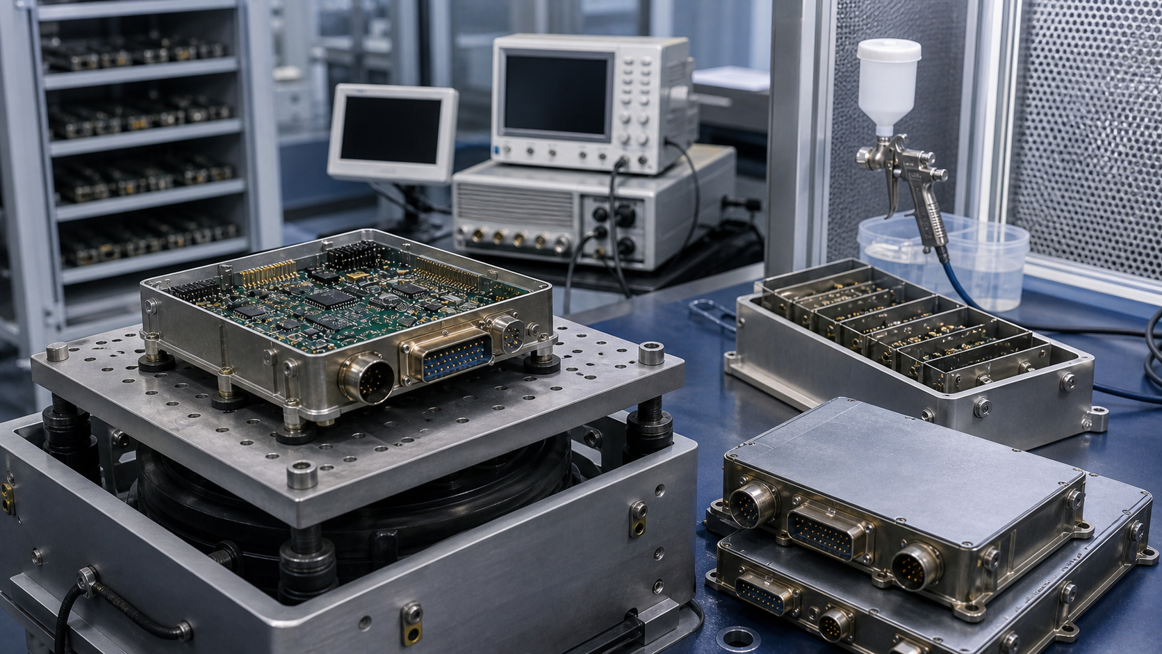 Rugged aerospace PCB modules prepared for coating and inspection control