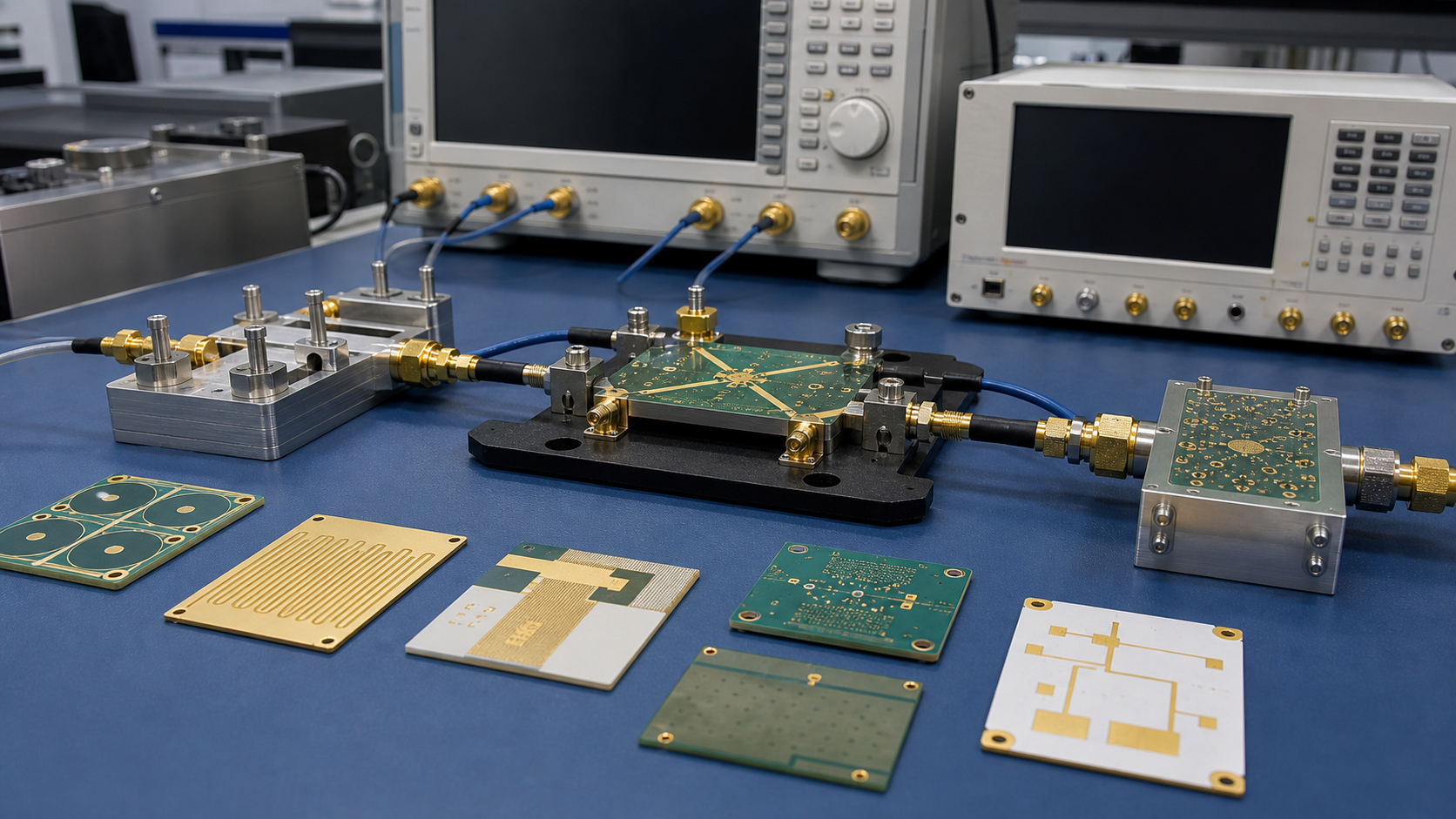 Microwave PCB test fixtures and RF measurement equipment in an electronics lab