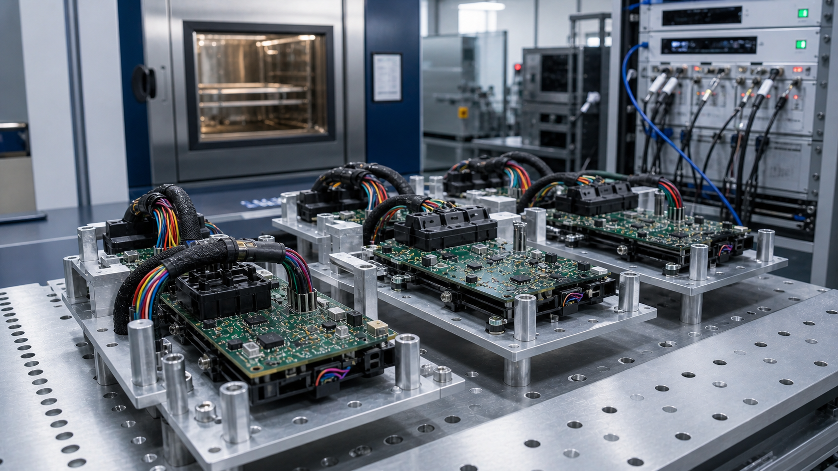 Automotive PCBA modules mounted in reliability test fixtures