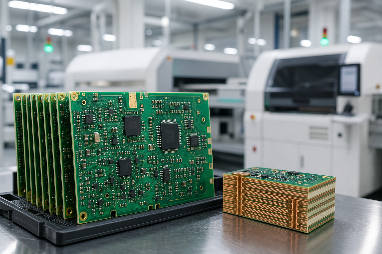 Multilayer PCB assemblies and stack-up sample in an SMT production area