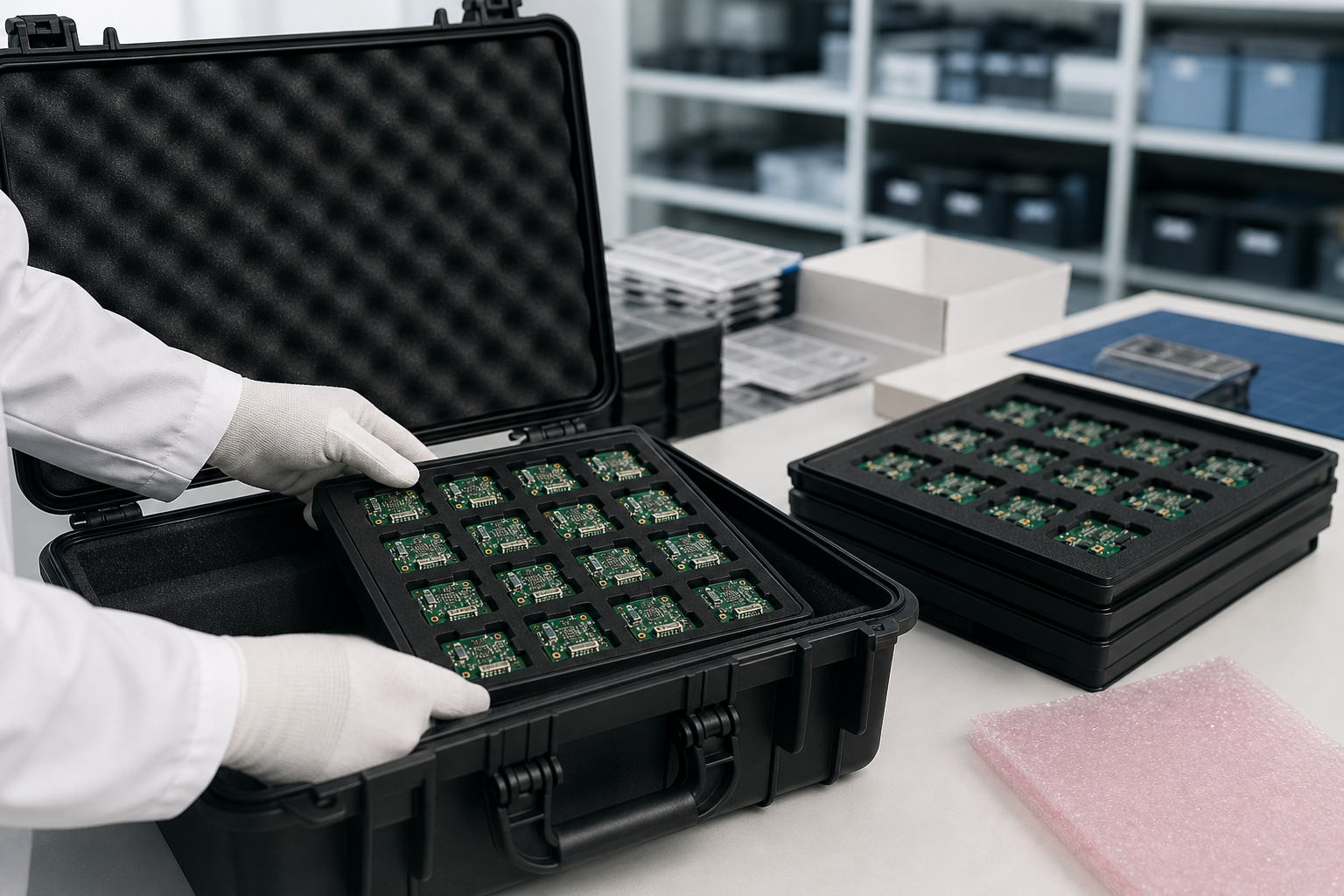 Precision sensor PCB assemblies packed in ESD trays for controlled delivery