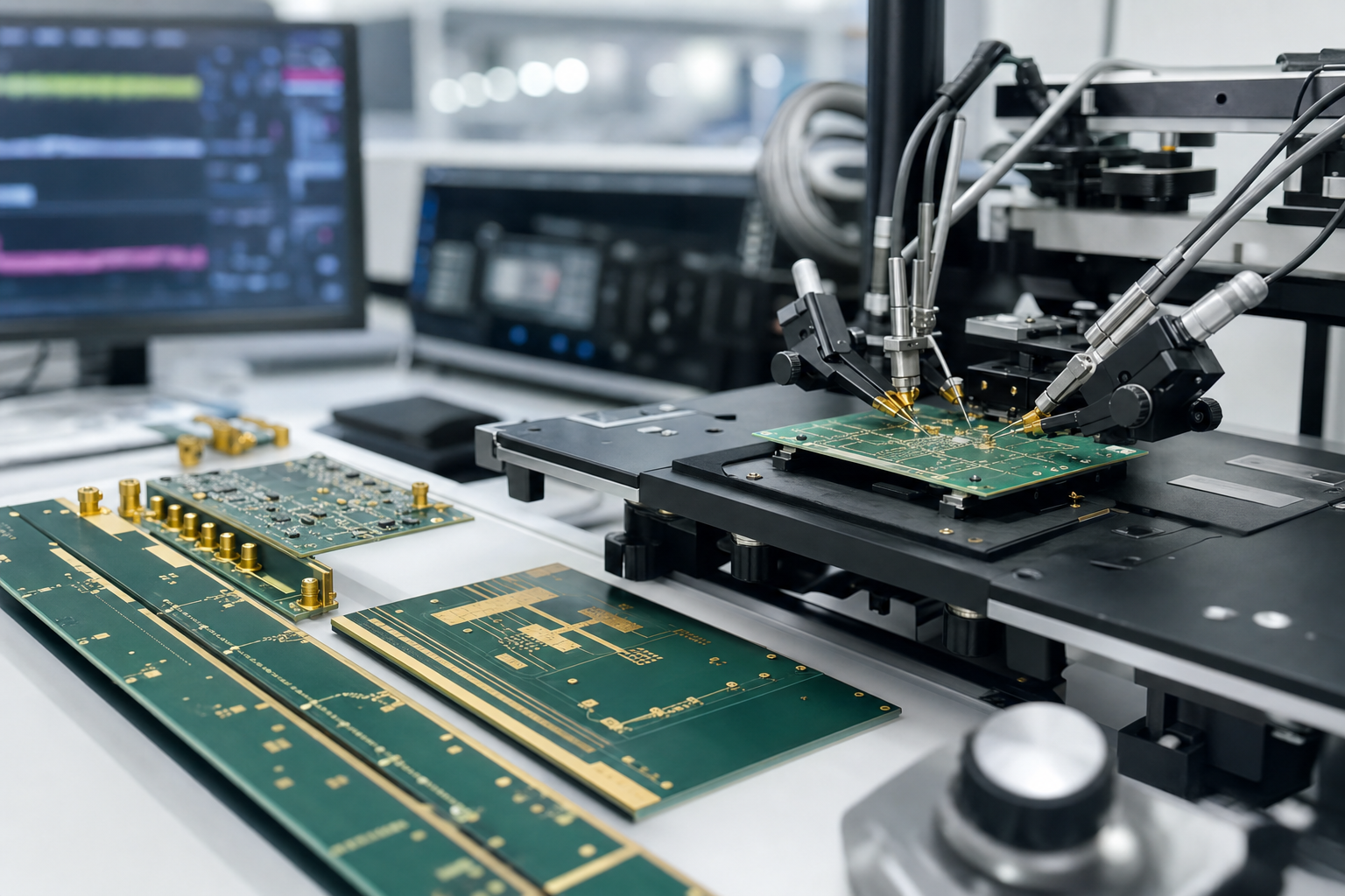 High-frequency PCB coupons and RF probe fixtures in a controlled test process