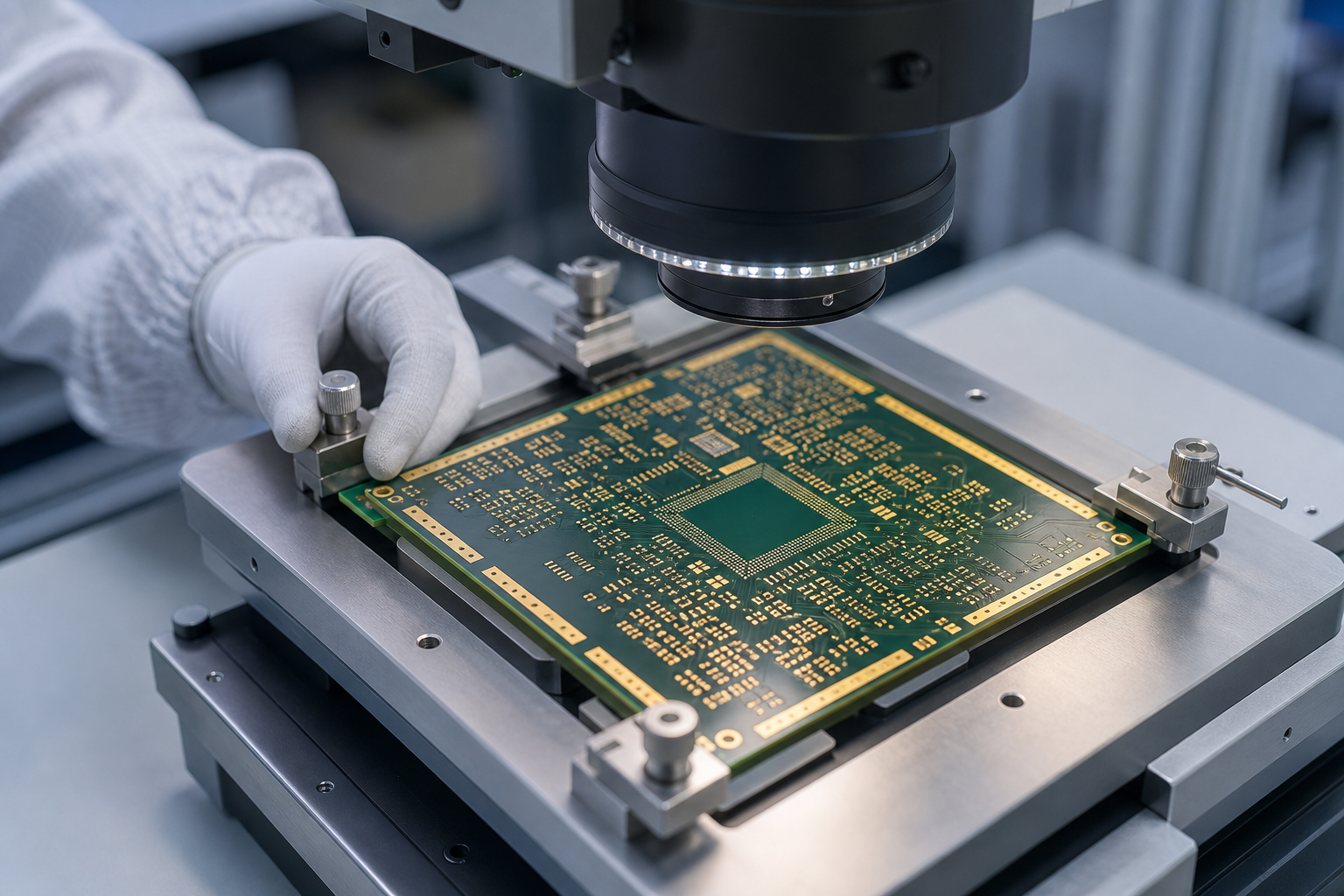 High-precision custom PCB under optical inspection in a QA fixture