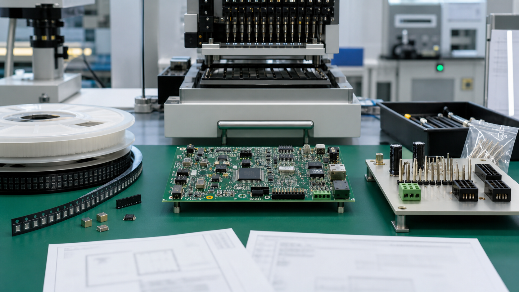 SMT components, through-hole connectors, and a PCBA fixture in an engineering review scene