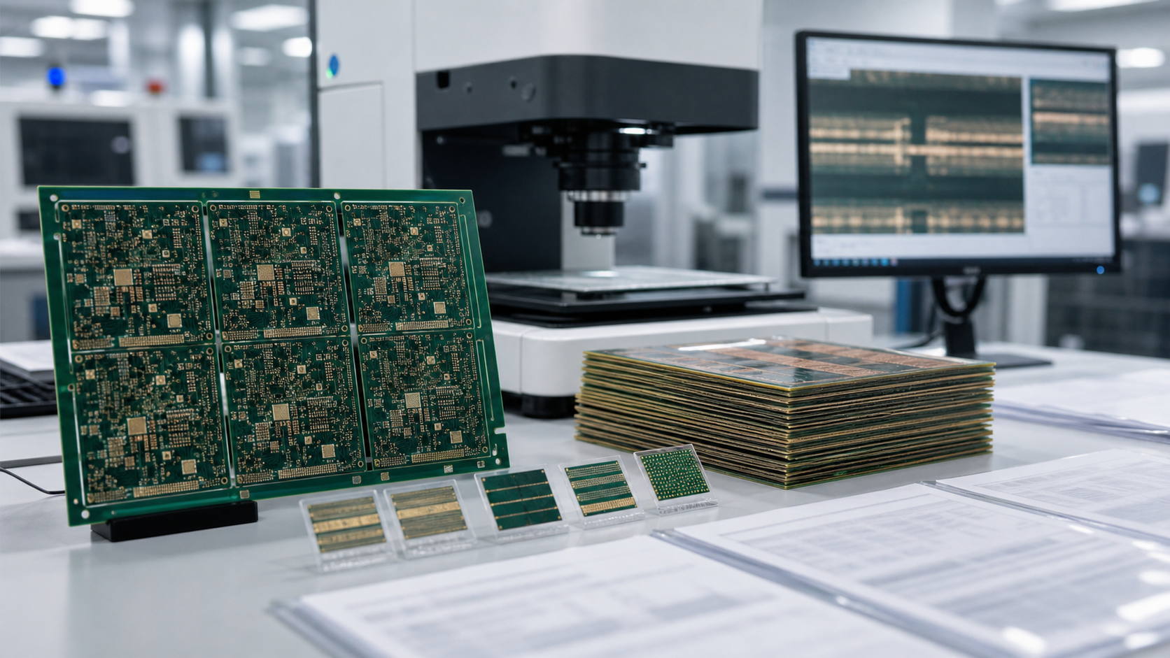 HDI PCB panels and microvia inspection coupons in a quality lab
