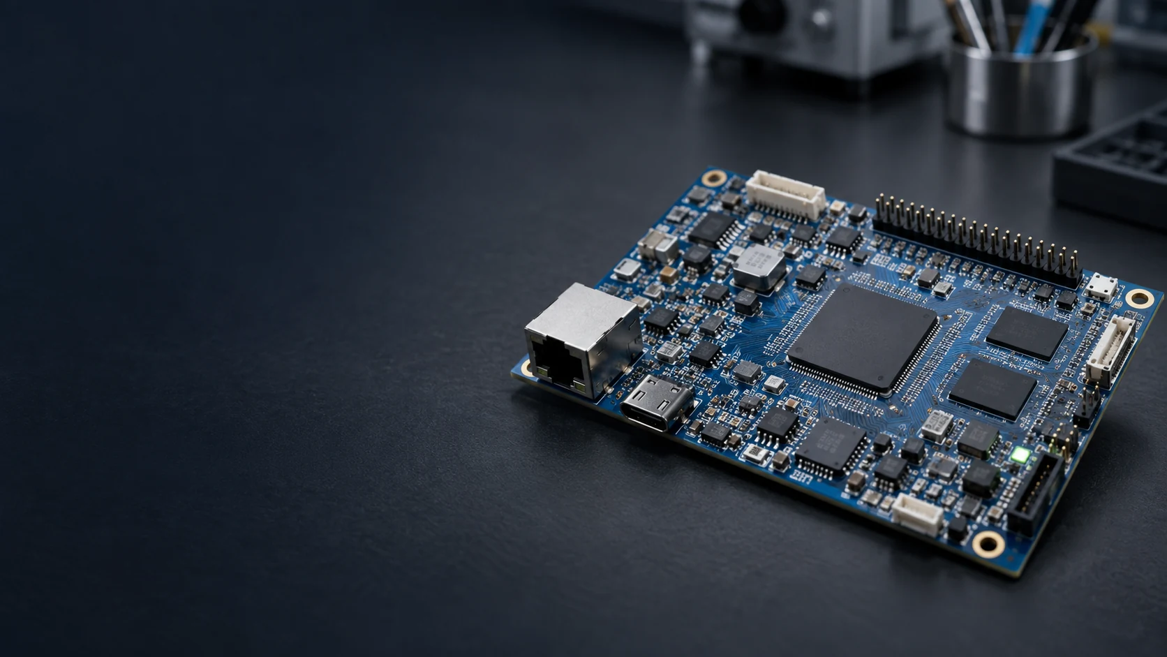 Concept illustration of a populated PCB on an antistatic workbench
