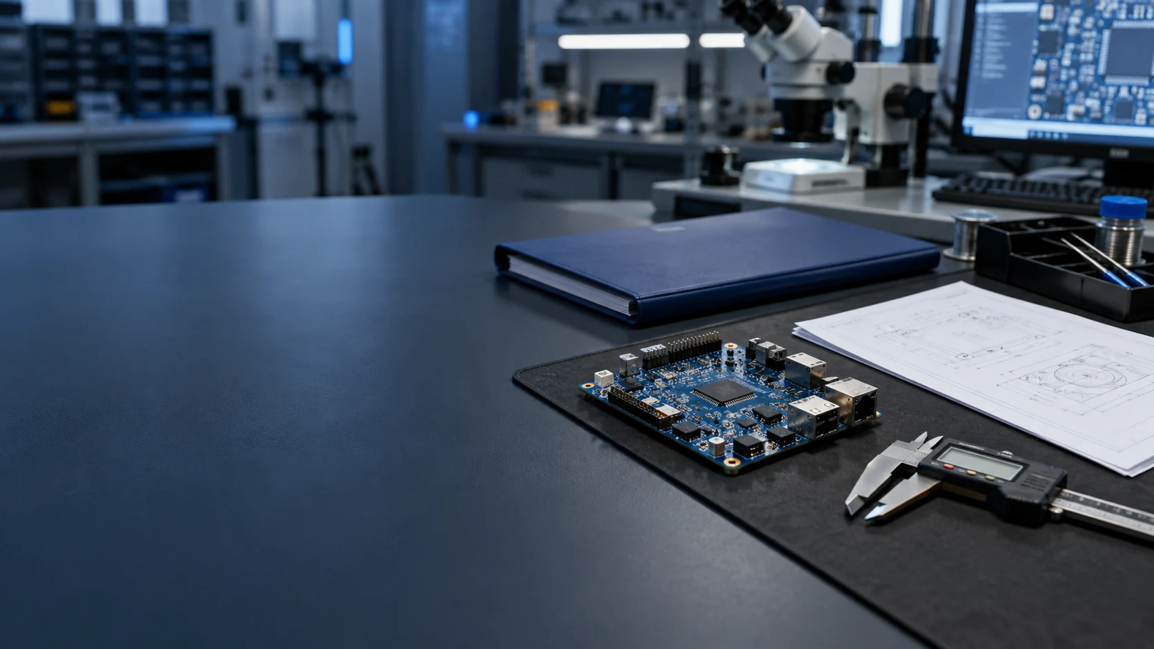 Concept illustration of an RFQ folder, blank documents and a circuit board