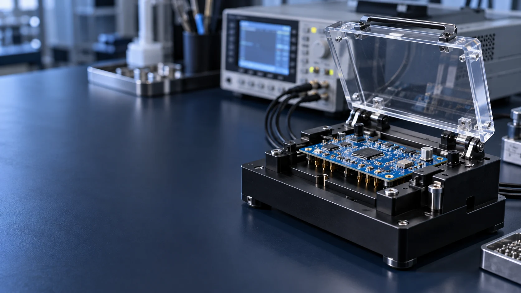 Concept illustration of a PCB held in an open test fixture