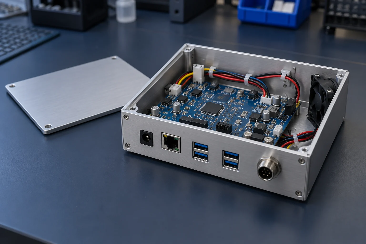 Concept illustration of an electronic assembly inside an aluminium enclosure