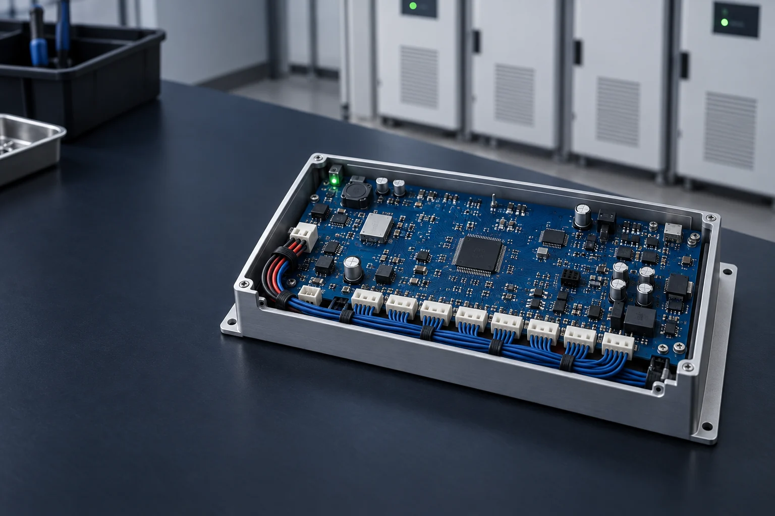 Concept illustration of a battery management controller and enclosure