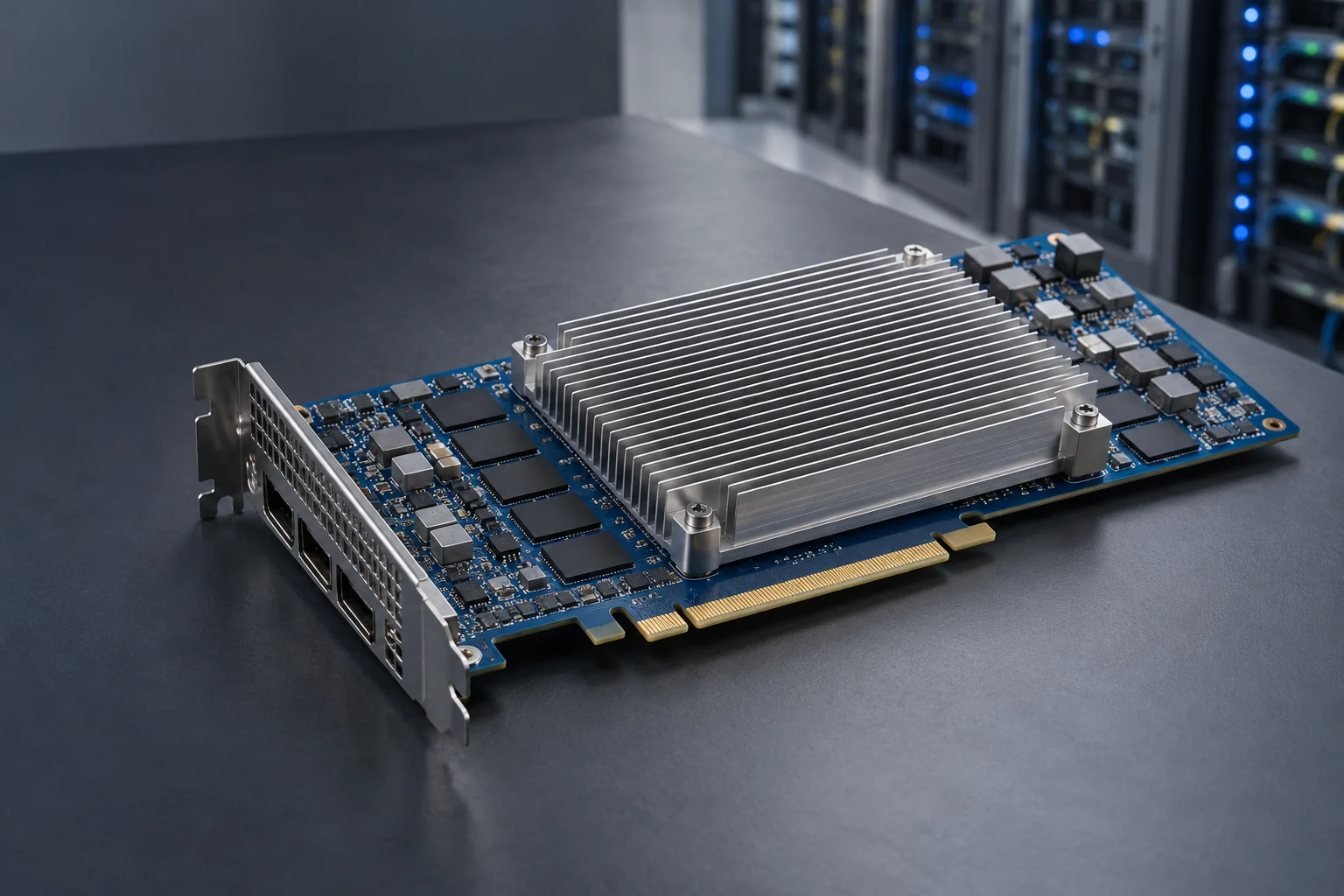 Concept illustration of a compute accelerator board with a heat sink