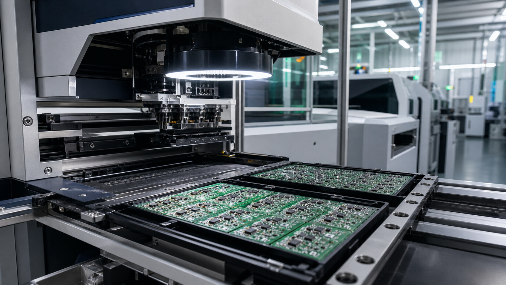 SMT设备正在处理拼板SMD PCB组件并进行工艺照明检查