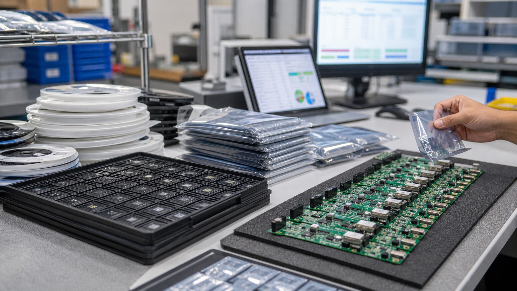 Component reels, ESD trays and PCBA materials prepared for sourcing evidence review