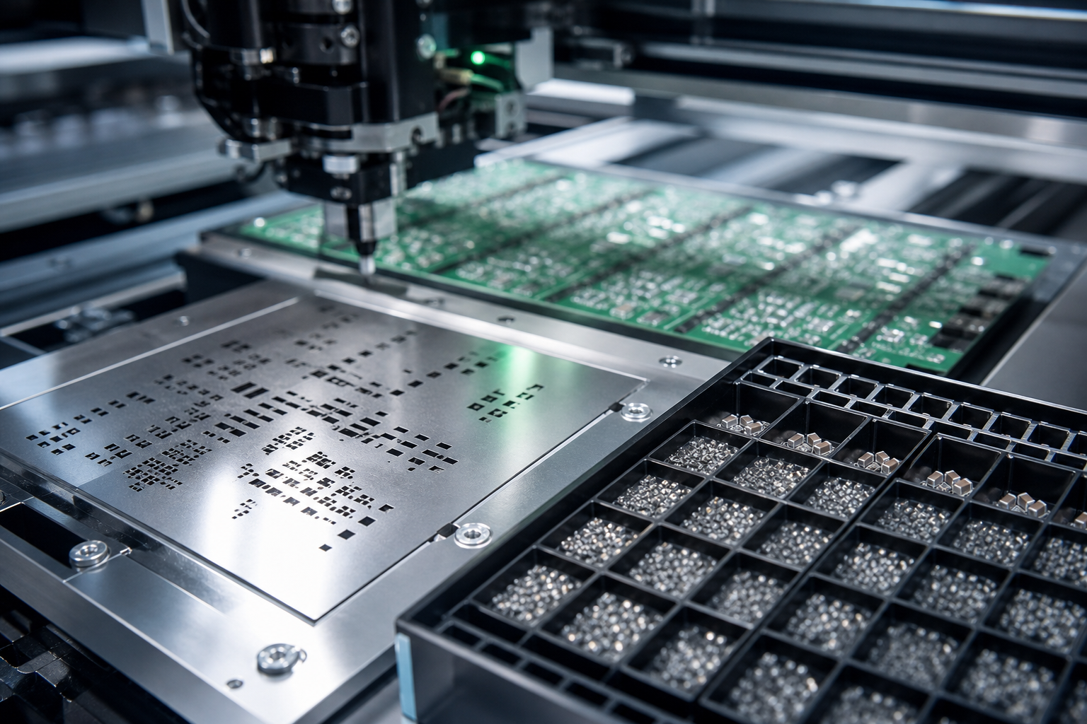 01005 and 0201 SMT assembly stencil, micro component trays and pick-and-place process control