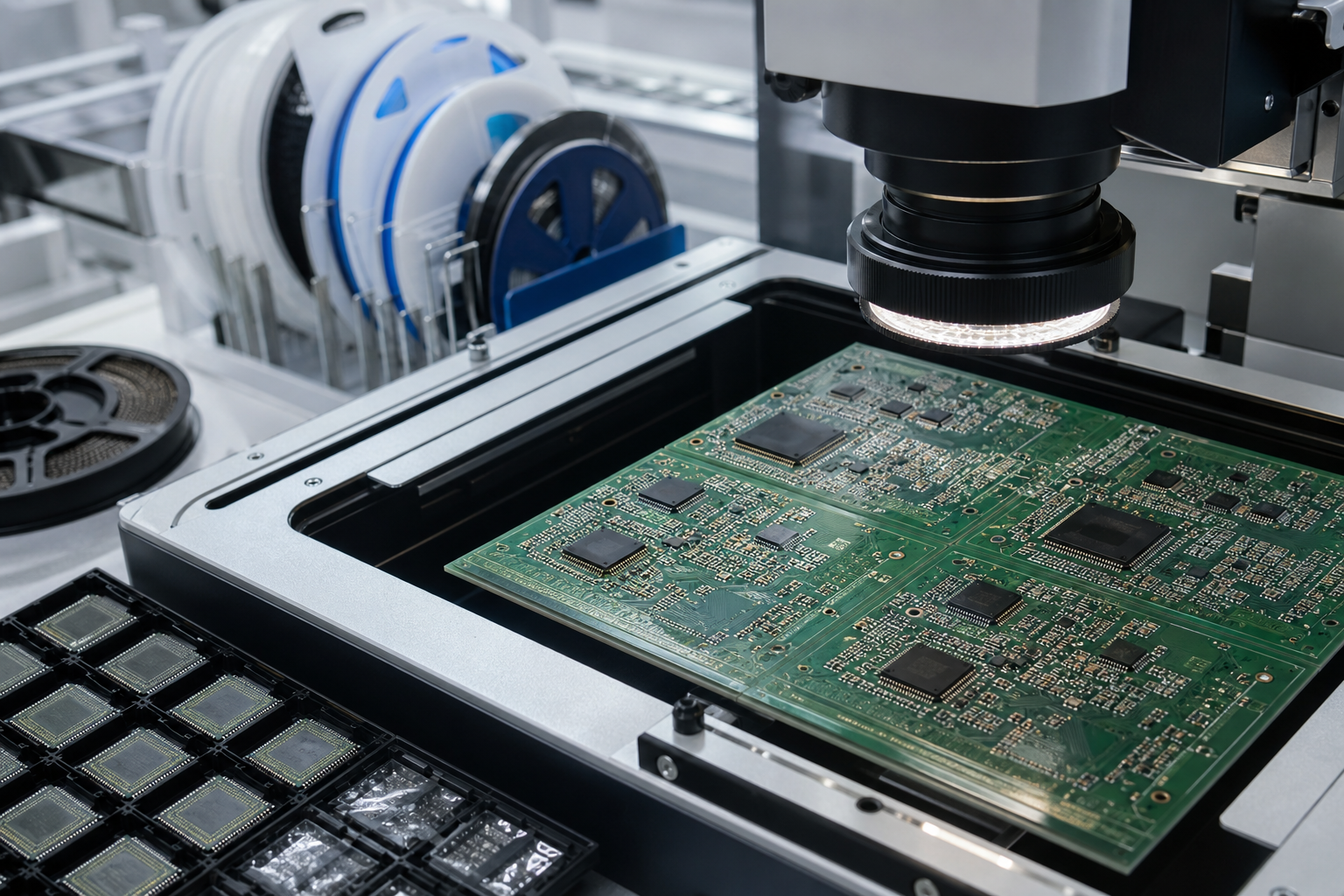 Fine-pitch IC package assembly inspection station with BGA and QFN components under optical inspection