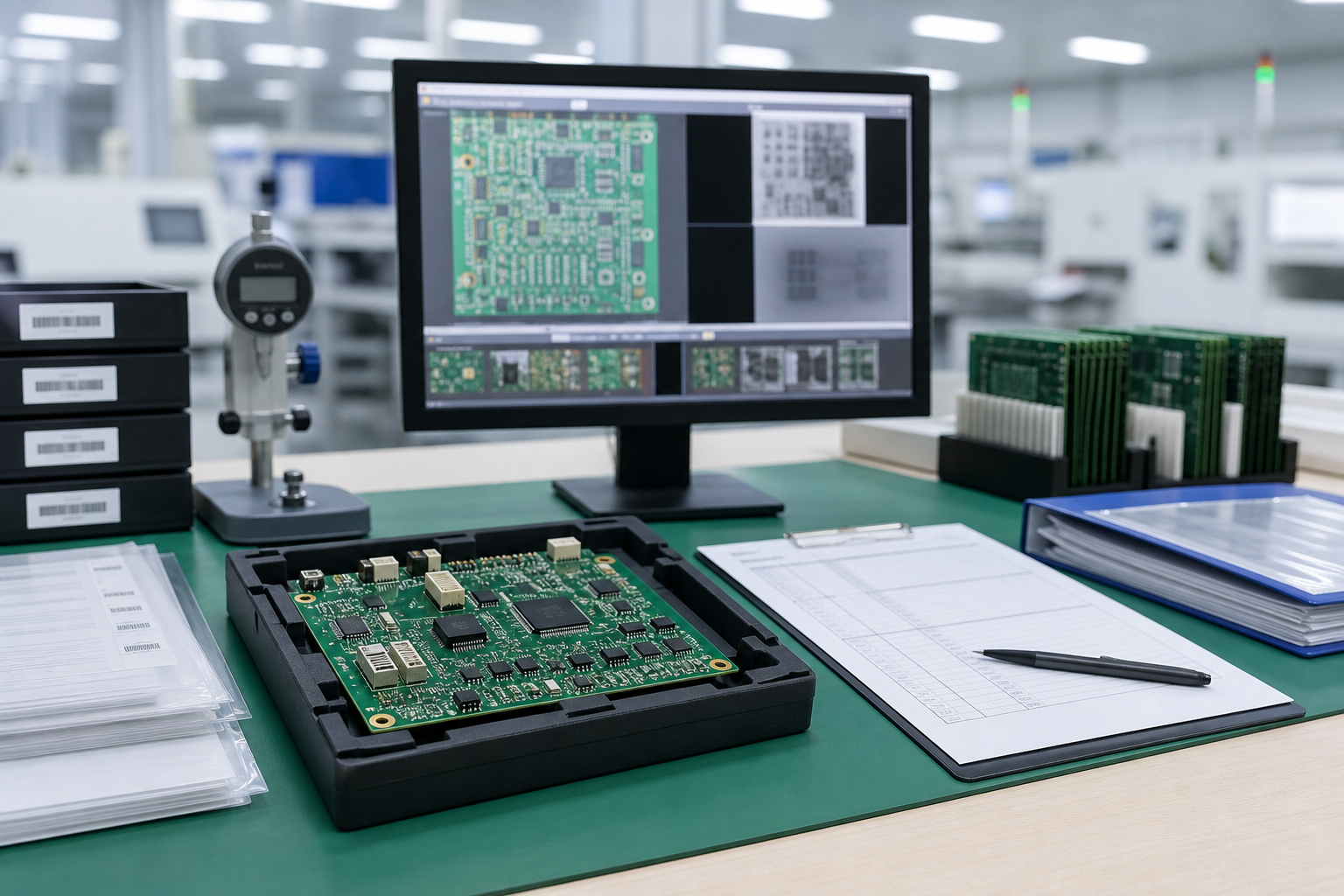 PCBA supplier qualification evidence desk with sample board, traceability files and inspection monitor