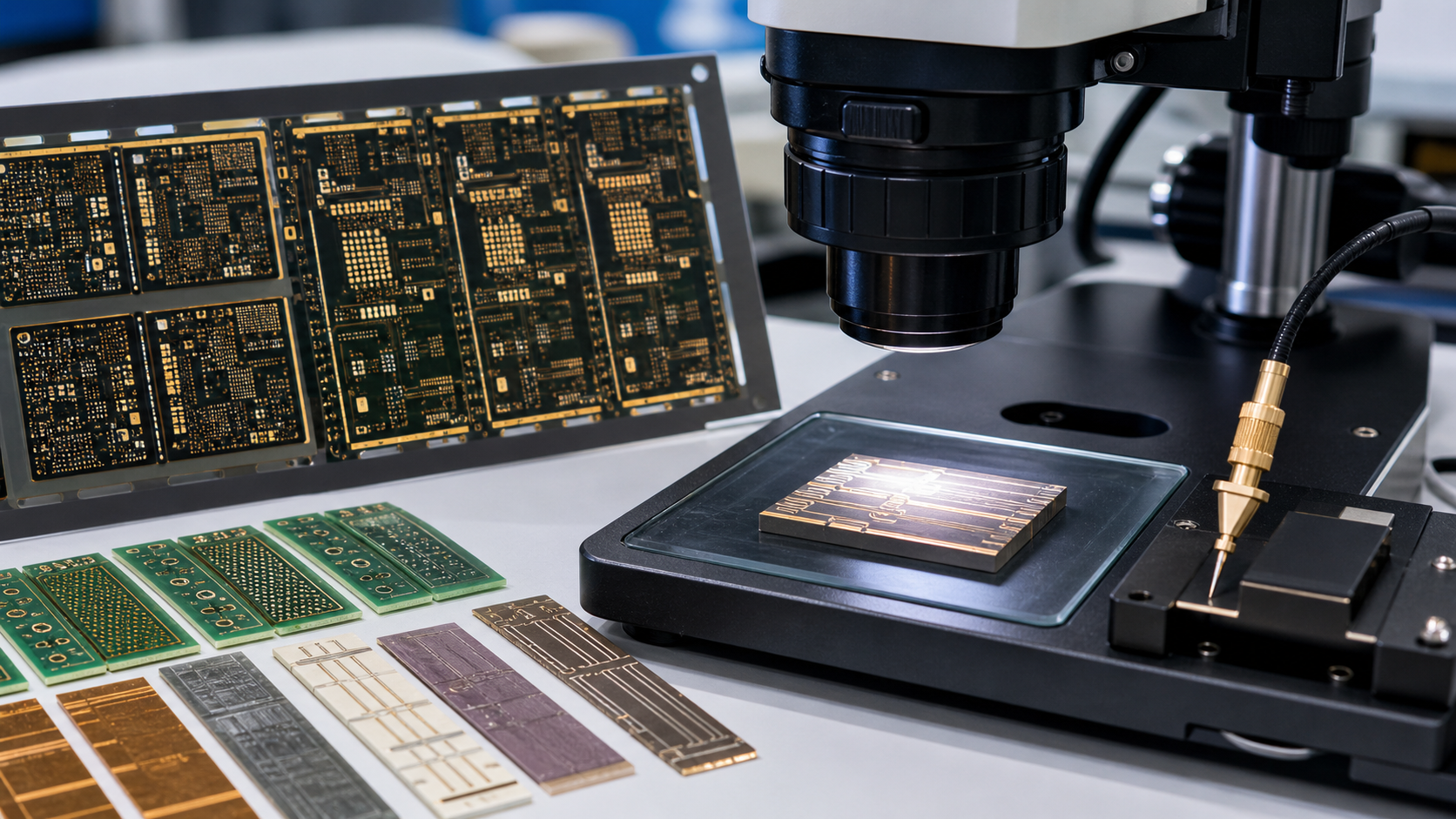 HDI PCB microvia inspection coupons under a lab microscope