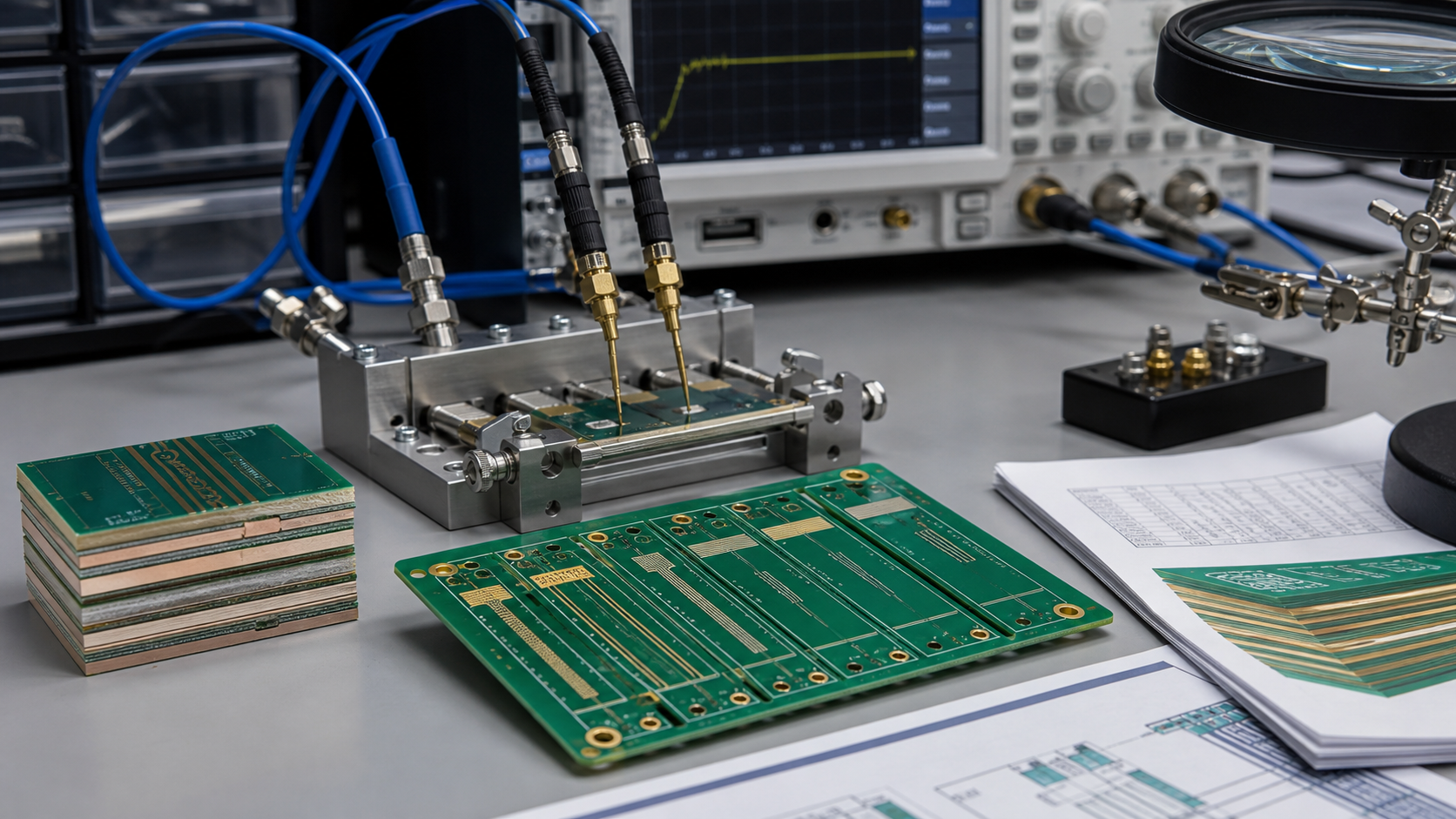 Controlled impedance PCB coupon testing setup with probes, stackup samples and engineering records