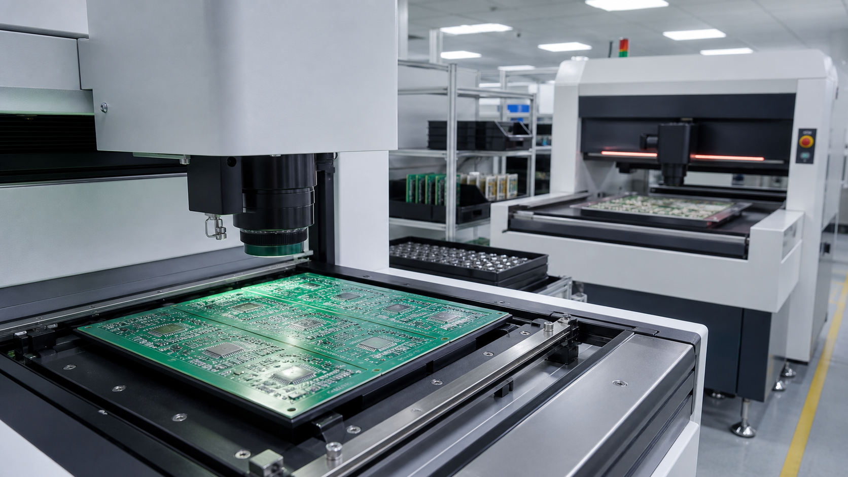 AOI and SPI inspection stations checking panelized PCB assemblies on an SMT quality line
