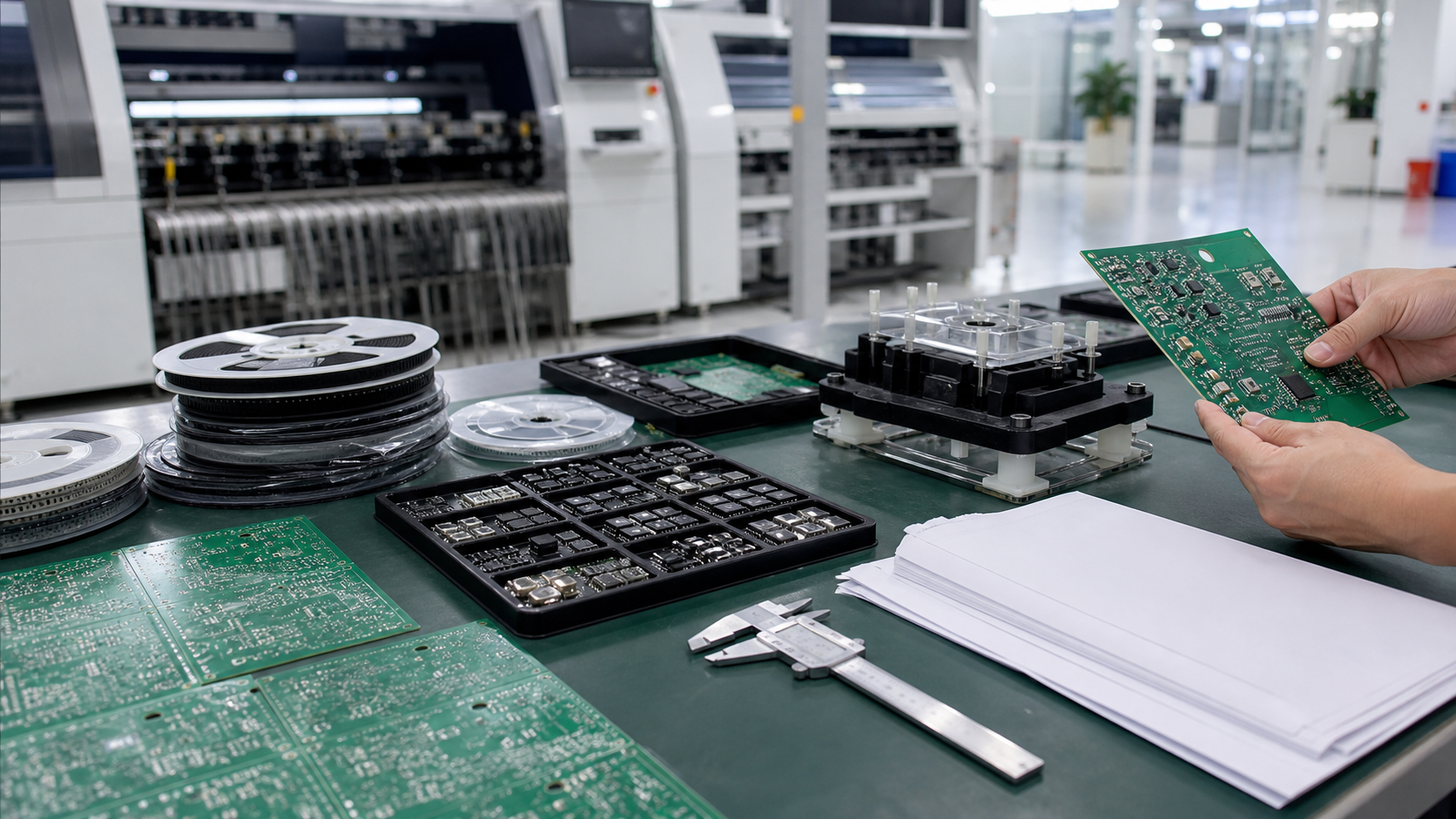 PCBA manufacturing engineering handoff station with PCB panels component reels test fixture and blank RFQ documents