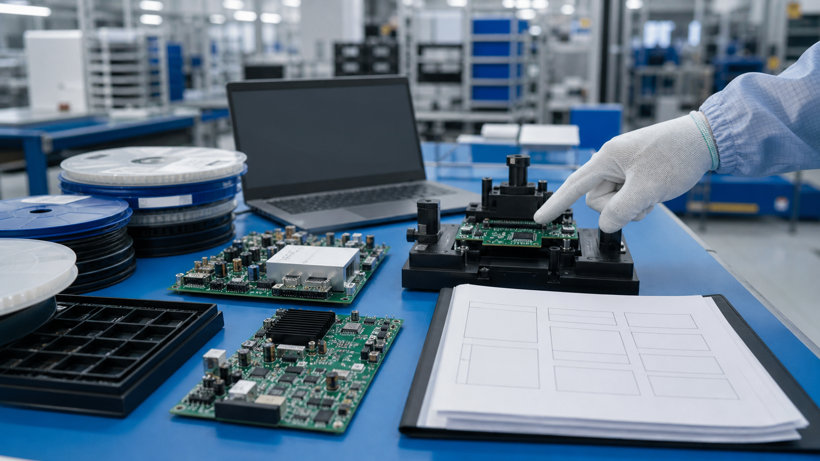 诊断设备PCBA供应商评估工作台,包含PCB测试治具、元器件料盘和空白工程评审资料
