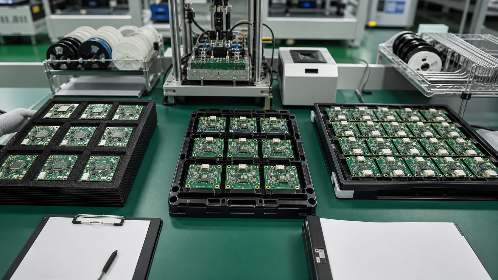 患者监护设备PCBA新产品导入试产托盘,包含测试治具、元器件料盘和空白工程评审记录