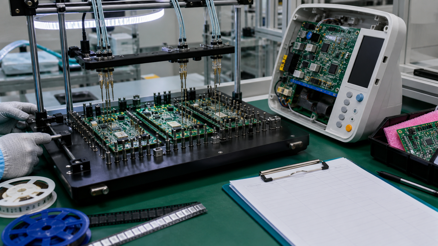 患者监护设备 PCBA 质量检测工位,包含功能测试治具、打开的设备外壳、板卡、线束和空白记录表