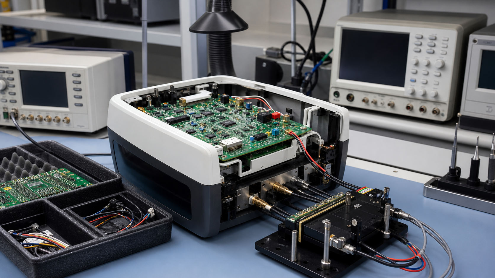 实验室设备PCB组装功能测试场景,包含开盖仪器、PCBA模块、测试探针和台式检测设备
