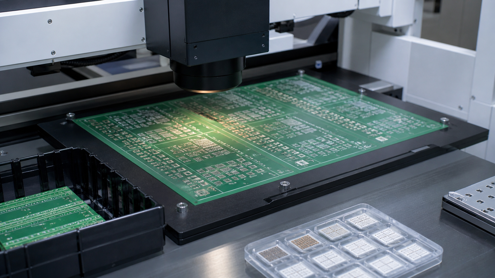 3D锡膏检测设备正在检查PCB拼板印刷质量,用于SMT缺陷预防和验收证据